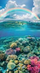 An underwater scene with a coral reef and a rainbow reflected in the water surface
