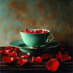 Naklejka na ściany i meble An elegant composition of a green teacup with red rose petals scattered around.