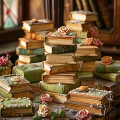 An enchanted library with books bound in marzipan covers and pages of wafer thin mint. - obrazy, fototapety, plakaty