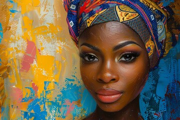 Pretty African woman in traditional head wrap constructivism art