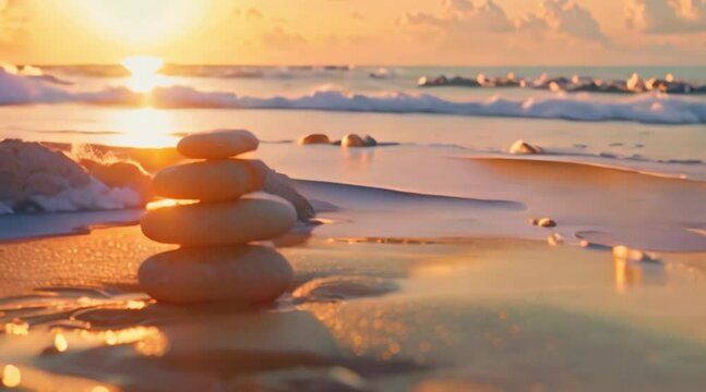 Zen stones balanced on the beach footage