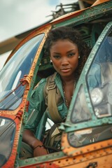 A mediumskinned African American woman disembarks from a cuttingedge helicopter - obrazy, fototapety, plakaty