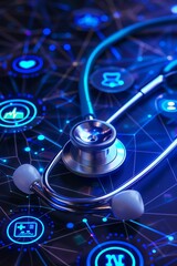 Stethoscope on digital background with glowing data and medical icons, representing technology in medicine The concept of health care research or the use of artificial intelligence for healing, focus