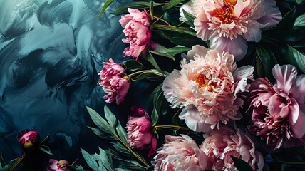 Beautiful peony flowers set against a dark-colored background - obrazy, fototapety, plakaty