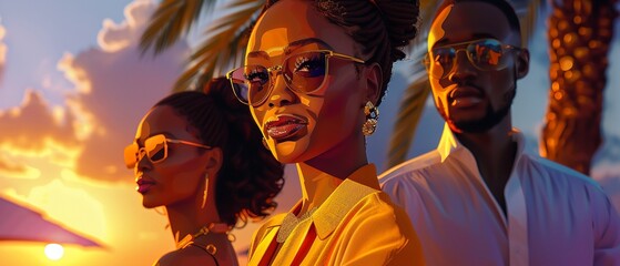 Capture three African ladies and two African men in modern attire, enjoying a chic outdoor gathering in Lekki Estate, Lagos, in a hyperrealistic anime style - obrazy, fototapety, plakaty
