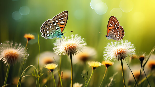 Fototapeta Dandelions and butterflies on a beautiful spring day
