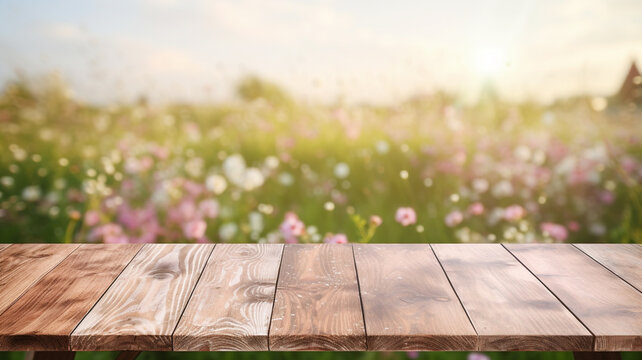 A wooden table against a spring flower meadow background