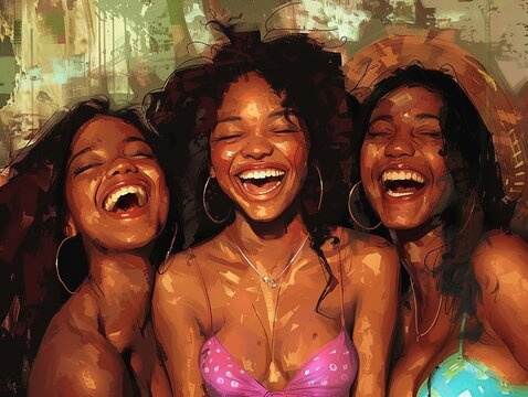 an image of a African American woman laughing with her girlfriends, capturing a genuine moment of joy and happiness, a digital airbrush cartoon realistic illustration