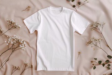 White T-shirt Mockup It is on a light brown cloth