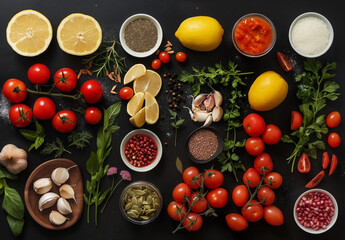 A flat lay of vibrant fruits, vegetables, and herbs neatly organized on a black background, showcasing a variety of textures and colors.
 - obrazy, fototapety, plakaty