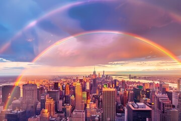 A breathtaking view of a rainbow spanning across an entire city skyline at sunset