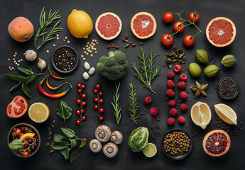 A flat lay of vibrant fruits, vegetables, and herbs neatly organized on a black background, showcasing a variety of textures and colors.
