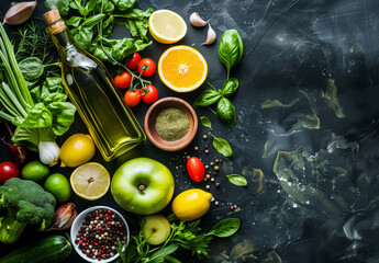 A variety of fresh vegetables, herbs, and fruits with a bottle of olive oil artfully arranged on a dark, textured background, perfect for a healthy diet.
 - obrazy, fototapety, plakaty