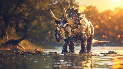 AI-generated majestic dinosaurs in a prehistoric landscape. Triceratops. The concept of time when dinosaurs ruled the Earth. - obrazy, fototapety, plakaty