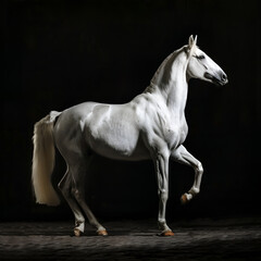 Obraz na płótnie Canvas Standing and rearing silver white horse in studio interior dramatic lighting isolated on black