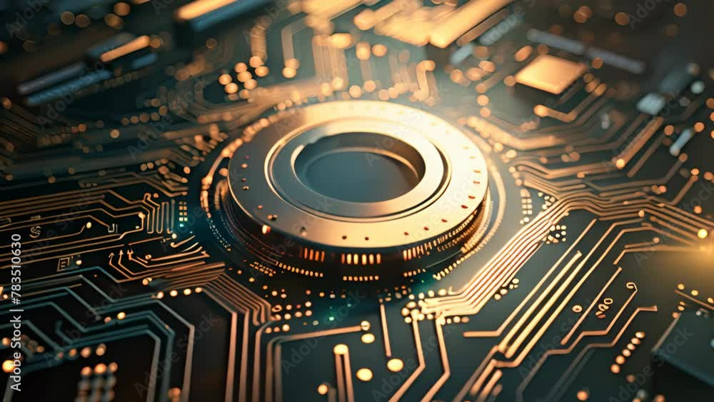 Poster macro shot of a complex circuit board with metallic finishes and electronic pathways