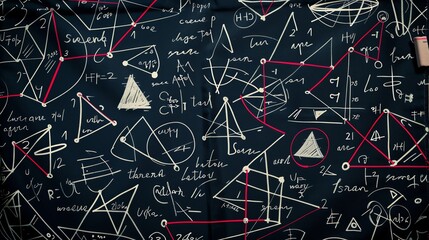 A black beach towel with mathematical equations and wallpaper designs in white, red lines, and gray ink on it The background is dark blue, and the patterns include triangles, circles, squares,F4 F2, 3