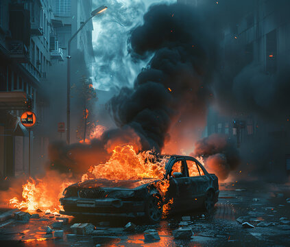 Emergency, fire and explosion with car in city for disaster, apocalypse and damage, Danger, smoke and ai generated with burning vehicle in road for smoke catastrophe