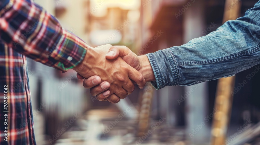 Poster architect and engineer construction workers shaking hands while working at outdoors construction sit