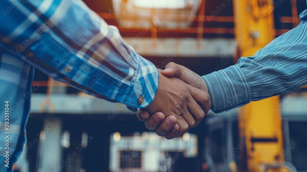 Poster architect and engineer construction workers shaking hands while working at outdoors construction sit
