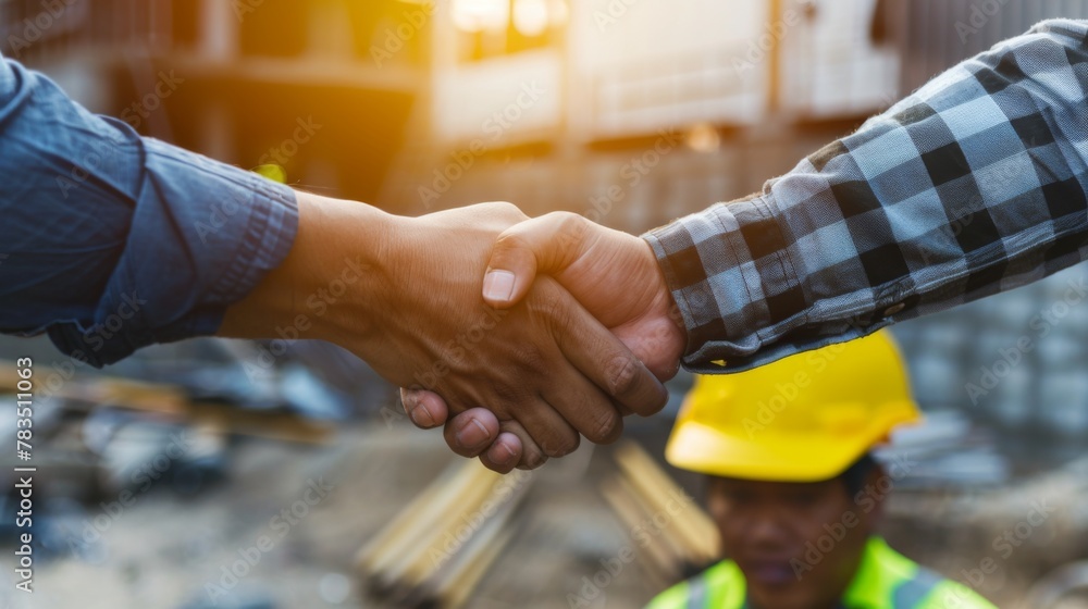 Poster architect and engineer construction workers shaking hands while working at outdoors construction sit