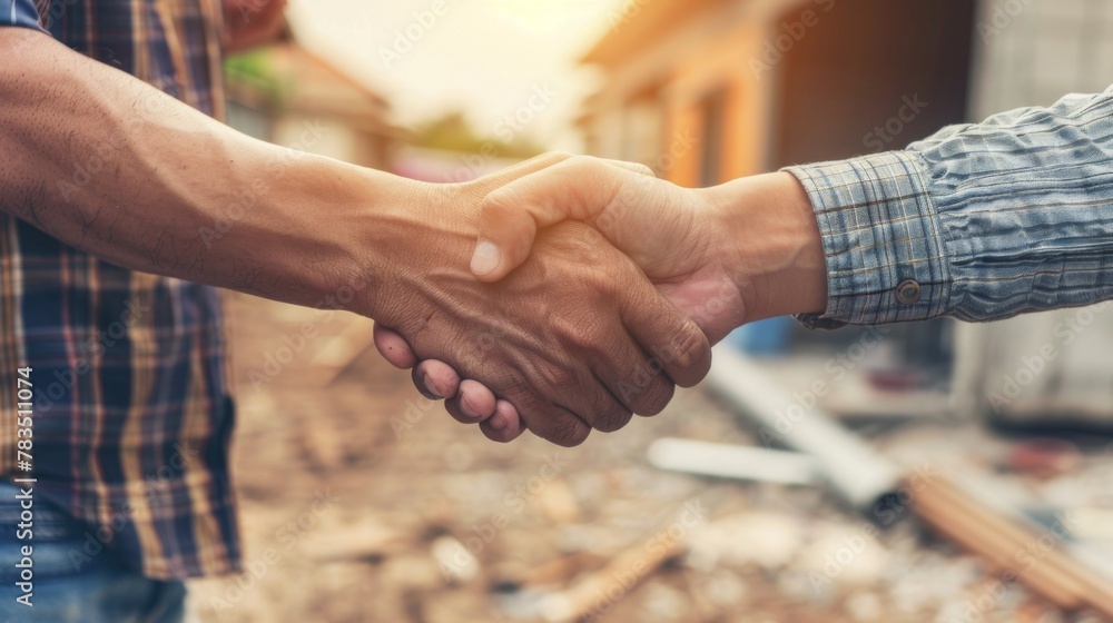 Poster architect and engineer construction workers shaking hands while working at outdoors construction sit