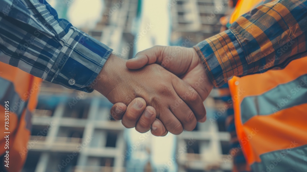 Aufkleber architect and engineer construction workers shaking hands while working at outdoors construction sit