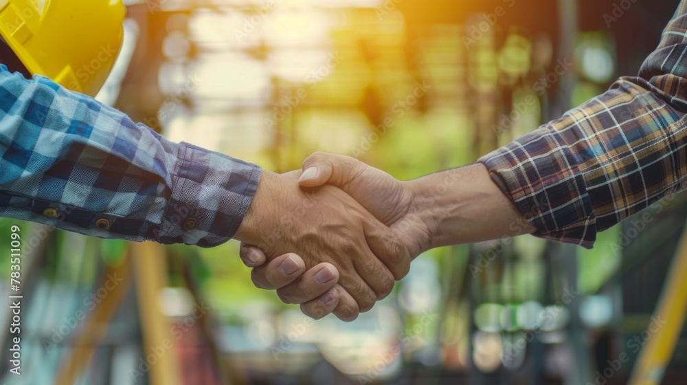 Poster architect and engineer construction workers shaking hands while working at outdoors construction sit