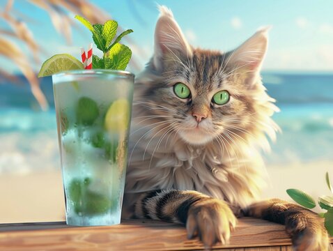 Animated cat with a mint mojito, gentle breeze, clear and vibrant, eye-level, cool relaxation.