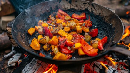 Baking vegetables in a special frying pan for the fire. Flame-roasted vegetable mix.