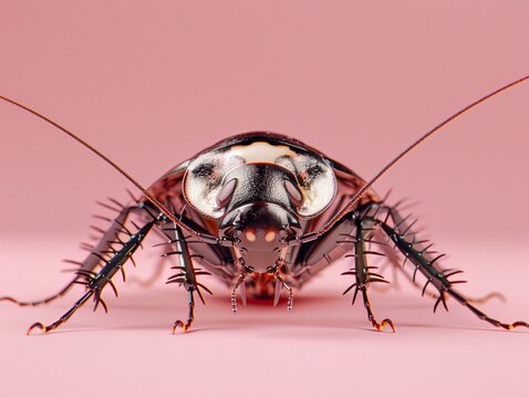 Realistic 3D cockroach, soft pink backdrop, clear detail, eye-level, unnerving realism.