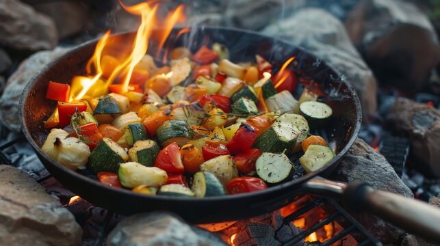 Baking vegetables in a special frying pan for the fire. Flame-roasted vegetable mix.
