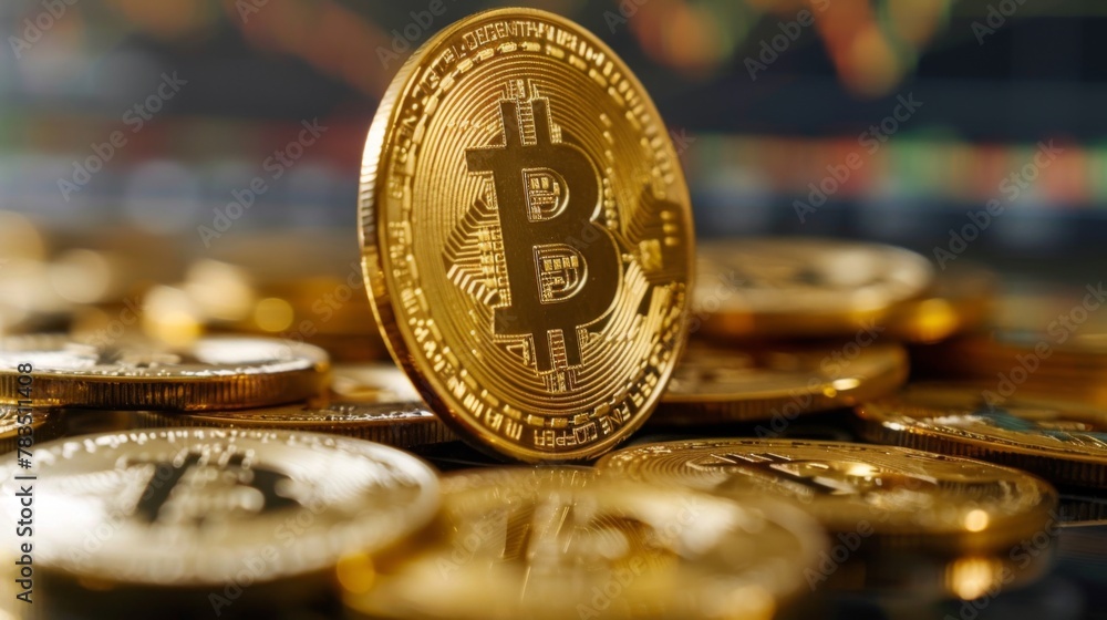 Aufkleber bitcoin gold coin and defocused chart background.
