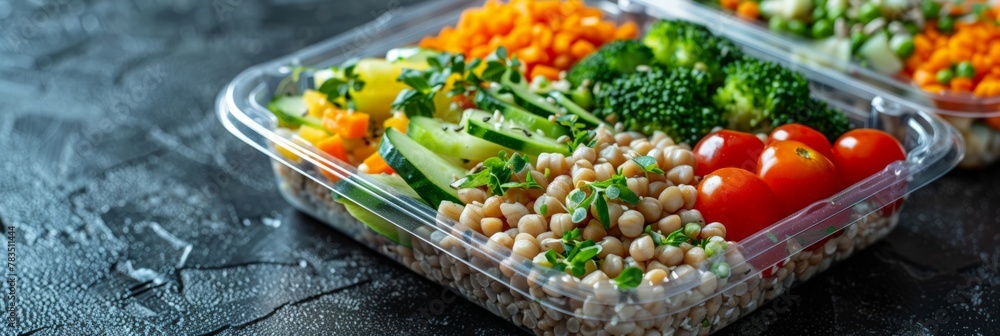 Wall mural Reusable plastic containers with portions of buckwheat, vegetables and meat. Preparation of Lunch boxes with healthy and delicious dishes for the weekly training menu.