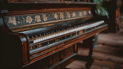 Fototapeta na wymiar A musical instrument, piano, rests on hardwood floor in room