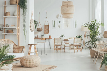 A bright, airy living room with white walls and light wood furniture. The space is filled with plants in woven baskets on shelves or as decor around the room