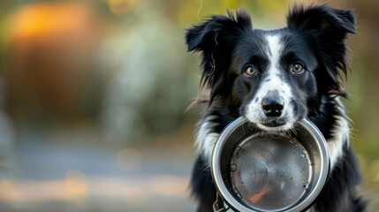 Border collie dog holds bowl in it mouth and looks at camera. Empty space for text - obrazy, fototapety, plakaty