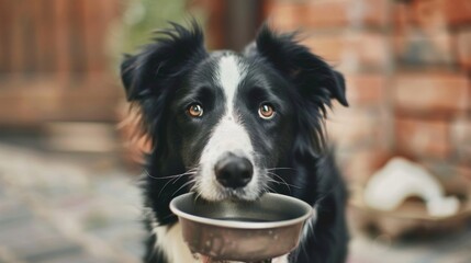 Border collie dog holds bowl in it mouth and looks at camera. Empty space for text - obrazy, fototapety, plakaty