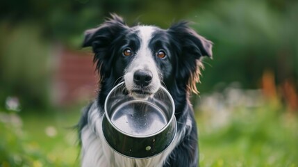Fototapeta premium Border collie dog holds bowl in it mouth and looks at camera. Empty space for text