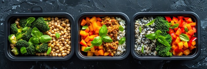 Reusable plastic containers with portions of buckwheat, vegetables and meat. Preparation of Lunch boxes with healthy and delicious dishes for the weekly training menu. Top view. - obrazy, fototapety, plakaty