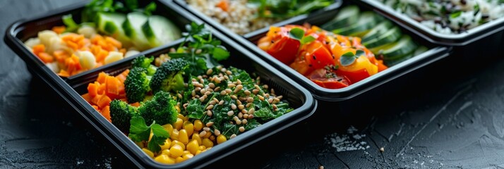 Reusable plastic containers with portions of buckwheat, vegetables and meat. Preparation of Lunch boxes with healthy and delicious dishes for the weekly training menu. - obrazy, fototapety, plakaty