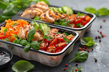 Reusable plastic containers with portions of buckwheat, vegetables and meat. Preparation of Lunch boxes with healthy and delicious dishes for the weekly training menu. - obrazy, fototapety, plakaty