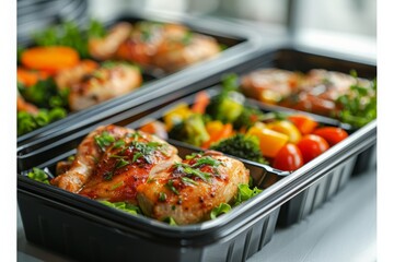 Reusable plastic containers with portions of buckwheat, vegetables and meat. Preparation of Lunch boxes with healthy and delicious dishes for the weekly training menu.