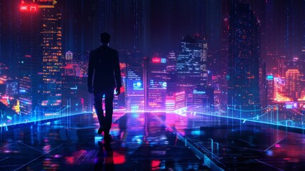 Fototapeta na wymiar Business technology concept, Professional business man walking on future Pattaya city background and futuristic interface graphic at night, Cyberpunk color style