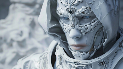 humanoid android, covered in white porcelain skin, blue eyes, white wispy ghost wearing ornate armour 4k realistic fantasy, insane details, ghost phantom effect, High detailed,high resolution - obrazy, fototapety, plakaty