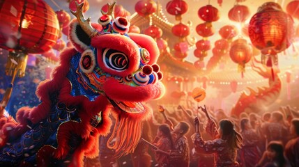 Lunar New Year Celebration Illustrate a festive scene of the family celebrating Lunar New Year, with dragon dances, lanterns, and a lavish feast to usher in the new year with joy, prosperity