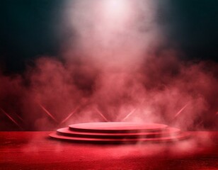 Podium red smoke background product platform abstract stage texture fog spotlight. Red floor podium dramatic empty night room table concrete wall scene place display studio smoky dust, Ai Generate