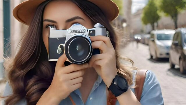 Professional Female Photographer Capturing City Life with Digital Camera. Seamless looping 4k timelapse virtual video animation background generated AI