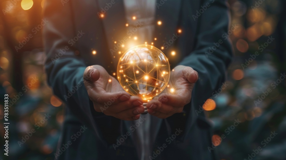 Poster businessman holding light blub with virtual global internet connection. global internet connection a