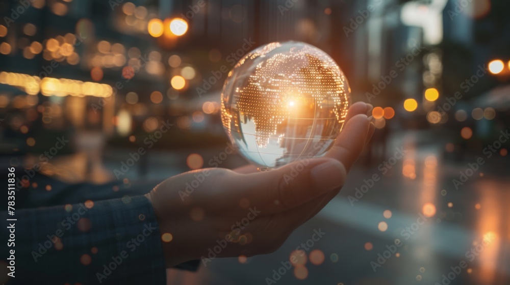 Poster businessman holding light blub with virtual global internet connection. global internet connection a